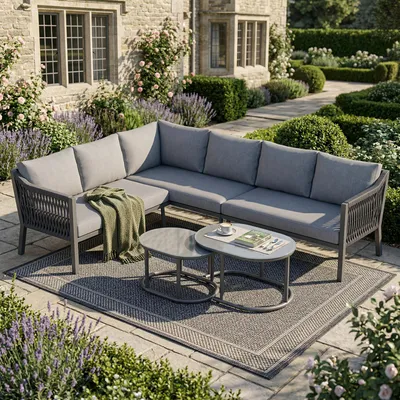 Image de Ensemble de mobilier de jardin Flieks pour 6 personnes, canapé de jardin au design tressé, ensemble de mobilier de balcon avec 2 tables basses, ensemble de canapés, ensemble de jardin gris