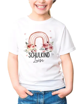 Produktbild von Kinder Mädchen T-Shirt Schulanfang Schulkind personalisiert Wunschname Regenbogen Blumen SpecialMe® weiß 98-104 (3-4 Jahre)