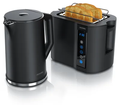 Produktbild von Arendo Frühstücks-Set Edelstahl, Wasserkocher Toaster Set, Wasserkocher mit Temperatureinstellung 1,5l, Toaster 2 Scheiben Kurzschlitz, Brötchenaufsatz, Touch, schwarz