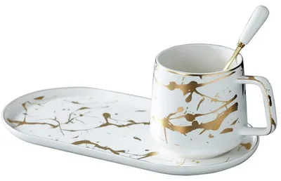 Immagine prodotto di Set da caffè composto da tazza, piattino e cucchiaino, capacità 400 ml, aspetto marmorizzato, colore bianco, Vetroceramica, ideale come regalo