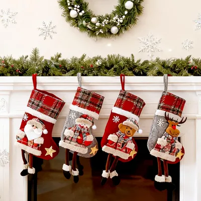 4 Weihnachtsstrümpfe aus Stoff, 34x18 cm, zum Befüllen und Aufhängen