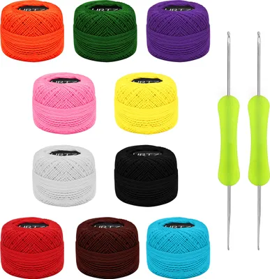 Produktbild von Kurtzy Buntes Baumwolle Häkelgarn (10 Stück) - 2 Häkelnadeln Enthalten (1mm & 2mm) Wolle zum Stricken- Jedes Baumwollgarn Garn Knäuel Wiegt 10g -