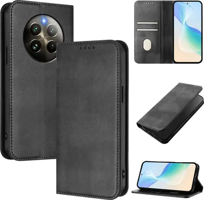 Immagine prodotto di Custodia per Realme 13 4G/Realme 12+/Realme Narzo 70, custodia in pelle vintage con protezione RFID, slot per carte, supporto Nero
