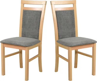 Two wooden dining chairs with gray upholstered seats and backs are shown against a white background.