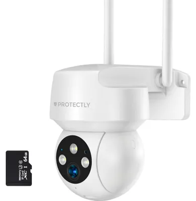 Produktbild von Protectly® 3K Überwachungskamera Außen – WLAN Kamera mit 5MP, 355° PTZ, Nachtsicht, Zwei-Wege-Audio, Sirene & 64GB SD