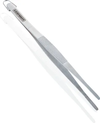 A pair of stainless steel kitchen tweezers on a white background.