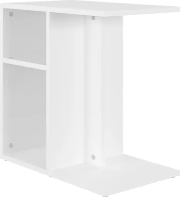 A white side table with shelves, shown from a three-quarter angle against a white background.