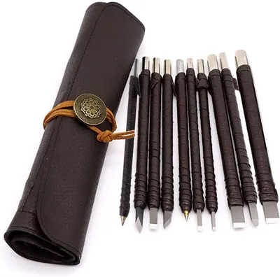 Holzbeitel-Set, 10 Stück, Wolframstahl, 15 cm, mit Ledertasche