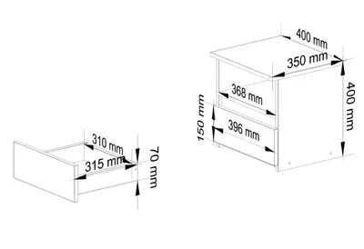 Technical drawings of a bedside table and its drawer, with dimensions indicated.