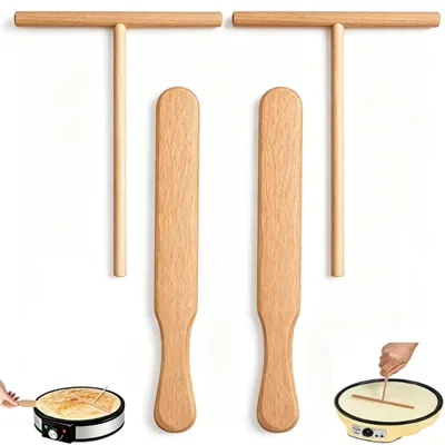 Produktbild von 4-teiliges Set: Crêpe-Streicher, 2 Teigschaber aus Buchenholz und 2 T-Spatel aus Buchenholz, professionelles Crêpe-Zubehör für perfekte Pfannkuchen, hochwertige Teigverteiler