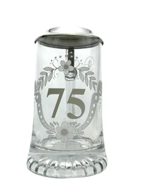 Zdjęcie produktu dla Szklany kufel na 75. urodziny z cynową pokrywką 0,4 l – prezent dla miłośnika piwa