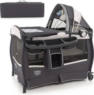 Produktbild von GOPLUS 4 in 1 Reisebett, Babybett mit verstellbarem Vordach, Aufbewahrungsregal, Spielzeugstange, Spieluhr & Rädern (Blumen)