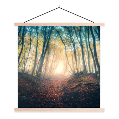 Produktbild von MuchoWow® Textilposter Wald - Nebel - Sonne - Herbst 40x40 cm mit holzfarbenen Rahmen - Posterleiste