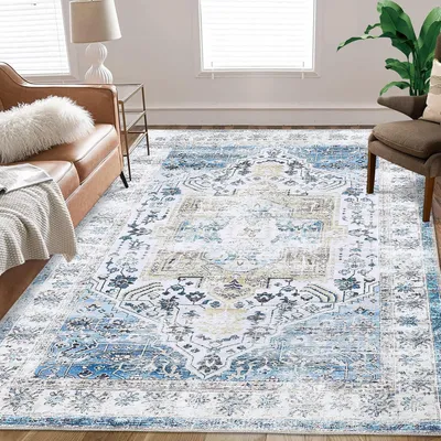 Produktbild von Waschbarer Vintage-Teppich für Schlafzimmer, Wohnzimmer, Innen- und Außenbereich, Kurzflor, Chenille, blau, 120 x 170 cm