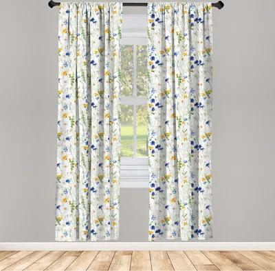 Produktbild von ABAKUHAUS Blume Vorhänge, Gardinen, Wildblumen Mohnblumen und Gänseblümchen ländliche Natur Wiesen rustikal, 2 Stück 75 x 225 cm, , Pale Grün Gelb Blau