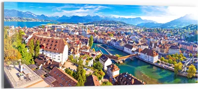 Produktbild von DEQORI Glasbild Echtglas 150x60 cm 'Blick über Luzern' Wandbild Bild modern Deko