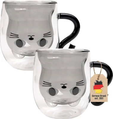 Produktbild von Intirilife 2x Thermo Glas Doppelwandig mit Design Katze in Schwarz - 200ml Füllmenge - Isolierte Tassen Becher aus Glas hitzebeständig für kalte und heiße Getränke Kaffeetasse Teetasse Trinkglas