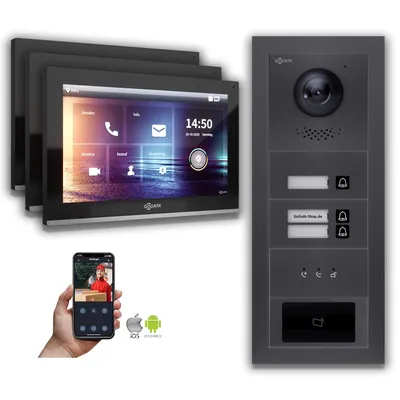 Produktbild von Goliath IP Video Türsprechanlage: 10-Zoll 3Familienhaus, RFID, Anzeige, Anthrazit  : 10 Zoll Schwarz : 4er POE : Aufputz Dose Anschluss: 4er POE Monitor Farbe: 10 Zoll Schwarz Montage: Aufputz Dose