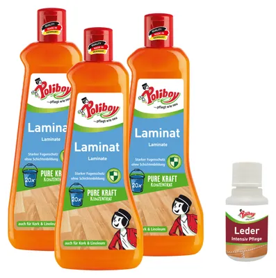 Produktbild von Poliboy Laminat Pflege Konzentrat - 3x500 ml - auch für Kork und Linoleum - Kraftvolle Reinigung und streifenfreier Glanz - mit Leder Probe - 99A4301