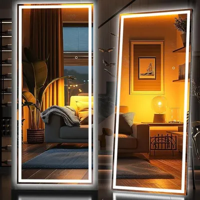 Imagen del producto de Espejo de cuerpo entero Silecomplaza con iluminación LED, espejo de pie grande con luz, 3 colores de luz, vidrio de seguridad, espejo de pie independiente, espejo de pared para dormitorio y vestidor