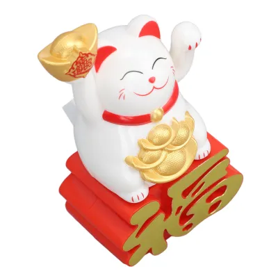 Imagen del producto de Adorno de la suerte con un gato, que agita la mano, para atraer la riqueza y la felicidad. Ideal para escritorio, coche, oficina, tienda. Color blanco. Modelo: MLY23110