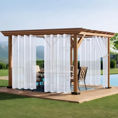Produktbild von 2er Set Vorhänge Outdoor Transparent Weiß Voile Wasserdicht Streifen Vorhang Gardinen Dekoschal für Wohnzimmer Schlafzimmer, B132xH274cm