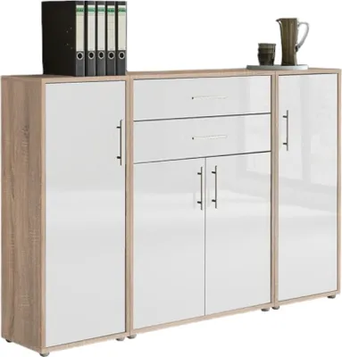 Produktbild von Aktenschrank TABOR 16 in Eiche Sonoma / weiß Hochglanz, Schrankwand, Büroschrank, Metallgriffe