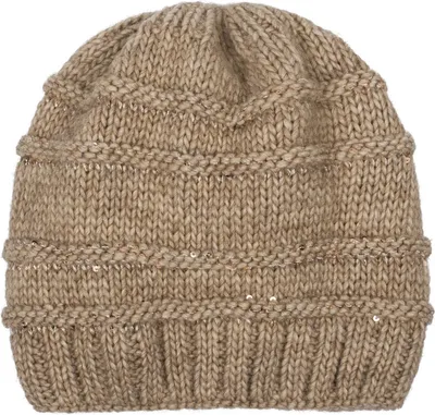 Produktbild von styleBREAKER Damen Strick Wintermütze mit Pailletten, Öffnung für Pferdeschwanz und Thermo-Fleece Futter, Beanie Mütze 04024177