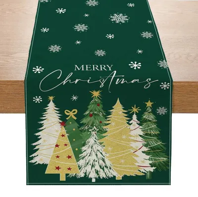Obrázek produktu pro Běžící ubrus na Vánoce, 230 x 33 cm, zelený, lněný, motiv: vánoční stromek, hvězda, mašle