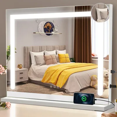 Image de Miroir de maquillage ZMH Éclairage 70 x 55 cm Miroir de coiffeuse Éclairage tactile LED à intensité variable 3 modes de couleur 5 fois grossissement Miroir pour chambre à coucher