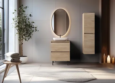 Produktbild von BADEZIMMERSCHRANK 60 cm + TOP + Möbelfüße, Farbe: helle Eiche, 60 x 46 x 80,7 cm, mit Arbeitsplatte