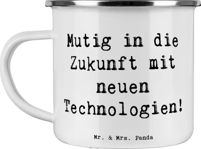 Produktbild von Mr. & Mrs. Panda Pott Spruch Neuen Technologien begegnen - Weiß - Geschenk, technologische Neuerungen, Vertrauem, becher emaille, Handgefertigt, Haferl, Teetasse, Trost