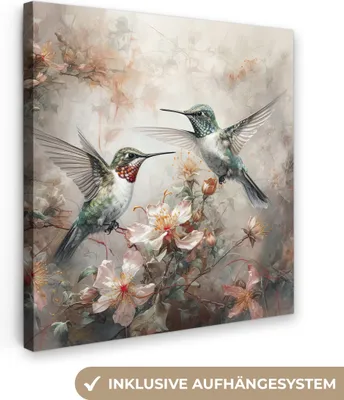 Produktbild von MuchoWow® - Leinwandbilder - Kolibri - Vögel - Blumen - Pflanzen, Wandbild, Wanddeko Bilder Wohnzimmer, 90x90cm