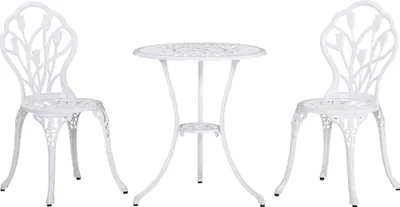 A white metal bistro set consisting of one round table and two chairs, displayed against a white background.