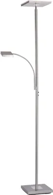 A silver floor lamp with a flexible reading light.