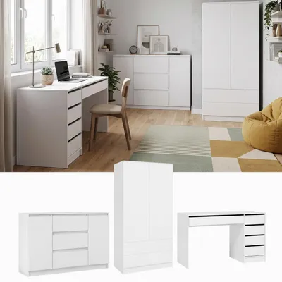 Produktbild von BEAUTYSOFA Jugendzimmer-Set 3-teiliges Möbelset Weiß - mit Schreibtisch, Kleiderschrank & Kommode, moderne Möbel für Jugendzimmer, Schlafzimmer, Büro