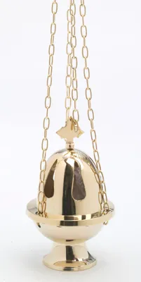 Produktbild von Weihrauchfass mit Kette zum Hängen aus Messing Gold poliert Höhe 16 cm mit Innenschale aus Stahl für die Räucherkohle