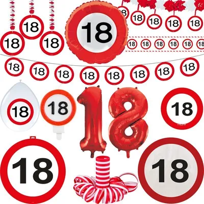 Produktbild von Verkehrsschild Partyset 18. Geburtstag Party Deko Set rot weiss Dekoration Geburtstagsdeko Zahl volljährig Frau Mann