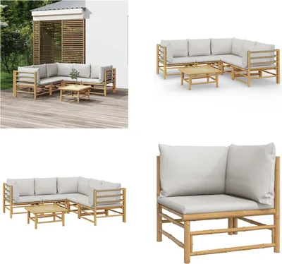 Produktbild von vidaXL 6 tlg. Garten Lounge Set mit Kissen Hellgrau Bambus - Garten Lounge Set - Garten Lounge Sets - Lounge Set - Gartenmöbel Set