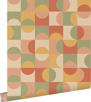 Zdjęcie produktu dla ESTAhome Tapeta koła w stylu Bauhaus terakota,żółtym,zielonymIbeżowym 50 x 900 cm