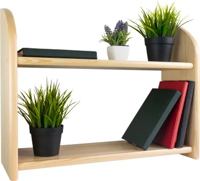 A two-tier wooden shelf with decorative items.