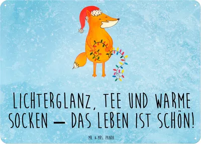 Produktbild von Mr. & Mrs. Panda Schild Fuchs Weihnachten DIN A6 - Eisblau - Geschenk, tafel, Türschild, Wandbild, Blechschild, Winter, Nikolaus, Füchse, Heiligabend, Weihnachtsmann