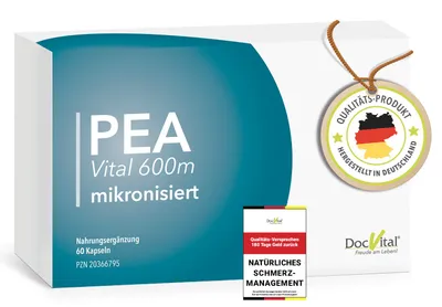 Produktbild von DocVital® PEA Kapseln 1200mg MIKRONISIERT: 60 Kapseln hochdosiert – Palmitoylethanolamide PEA Vital 600 in pharmazeutischer Qualität – 100% Pure Pea