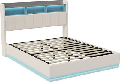 Obrázek produktu pro Čalouněná postel Fortuna Lai 160x200 cm, LED, USB, úložné lůžko s lamelovým roštem, sametová postel pro mládež, béžová barva