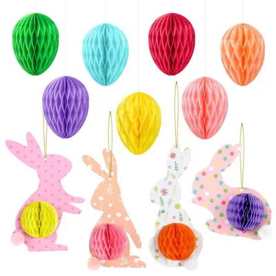 Productafbeelding van 11 stuks paasdecoratie: honingraatballen, paaseieren, paashaas, papier, kleurrijk, om op te hangen
