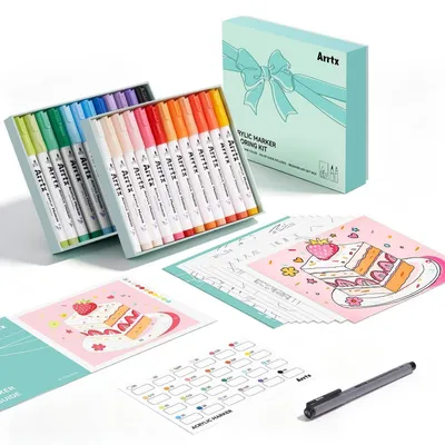 Produktbild von Acrylfarbstifte 24 Farben Pinselspitze & 0,3mm Feinzeichnungsstift | Anime-Farben, Kunstset für Handlettering, Illustration