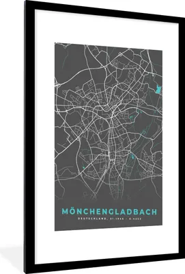 Produktbild von MuchoWow® Gerahmtes Poster Blau - Deutschland - Karte - Stadtplan - Mönchengladbach 60x90 cm - Poster mit Schwarzem Bilderrahmen Wandposter Rahmen Foto Bilder - Dekoration - Wandposter Wohnzimmer - Hochwertig