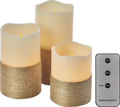 LED dekorace – vosková svíčka omotaná provázkem, 3x AAA, vnitřní, vintage, 3 ks, ovladač