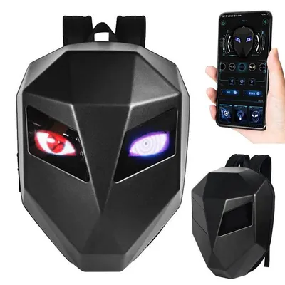 Produktbild von LED Fahrradrucksack - Smart Motorrad Helm Rucksack - Bluetooth App-gesteuerte LED-Anzeige - Wasserdicht - Augen-Design - Schwarz ES
