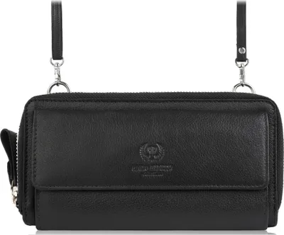 Produktbild von Paolo Peruzzi Damen Clutch Umhängetasche 2in1 Echtleder 2 Fächer Reißverschluss Abnehmbarer Schultergurt Schwarz